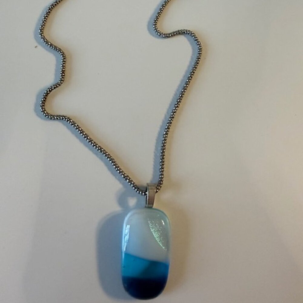 Necklace with White and Several Shades of Blue Glass Pendant